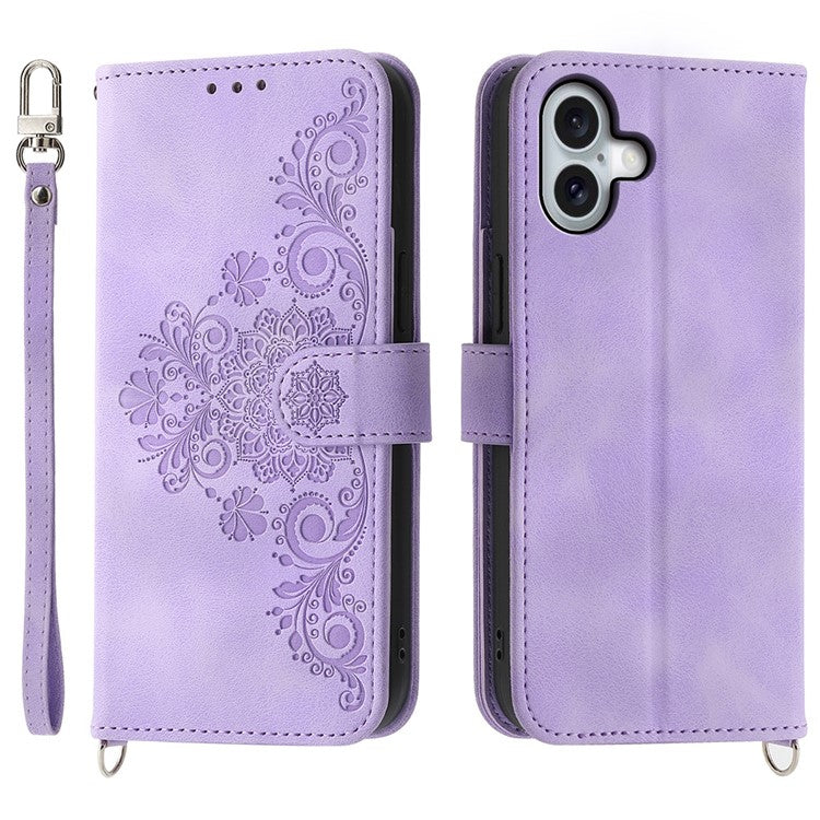 For iPhone 16 Leather Case Multiple Card Slots Phone Cover with 2 Straps - Purple
