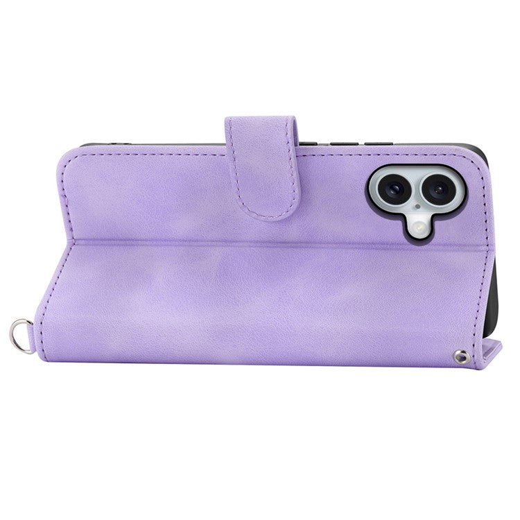 For iPhone 16 Leather Case Multiple Card Slots Phone Cover with 2 Straps - Purple