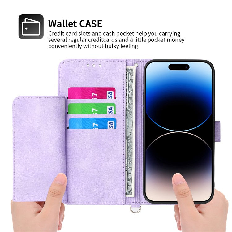 For iPhone 16 Leather Case Multiple Card Slots Phone Cover with 2 Straps - Purple