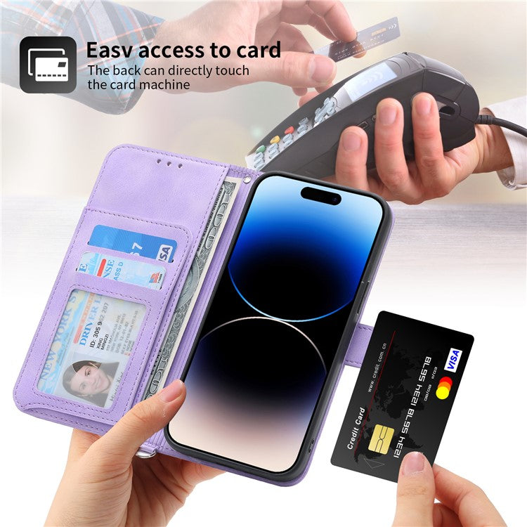For iPhone 16 Leather Case Multiple Card Slots Phone Cover with 2 Straps - Purple
