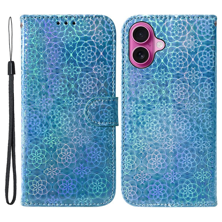 For iPhone 16 Plus Case Dazzling Flower Anti-Drop Leather Phone Cover - Blue