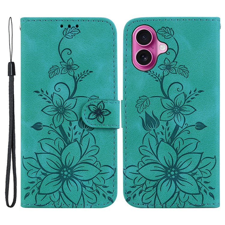 For iPhone 16 Plus Wallet Case PU Leather Phone Cover Flower Imprinted - Green