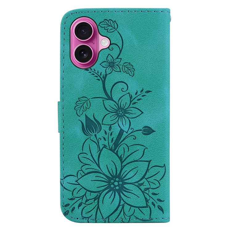 For iPhone 16 Plus Wallet Case PU Leather Phone Cover Flower Imprinted - Green