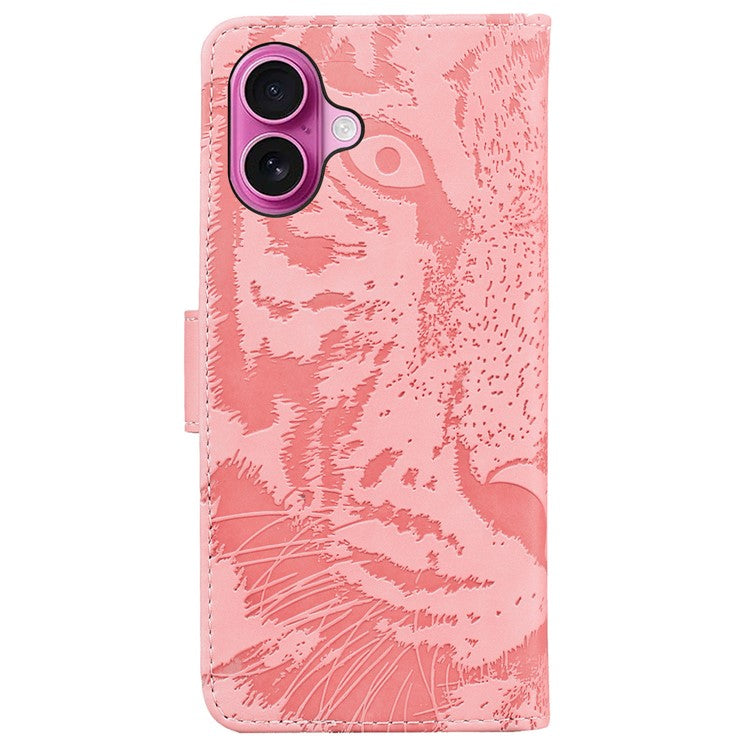 For iPhone 16 Plus Case Tiger Imprint Leather Shockproof Wallet Phone Cover - Pink