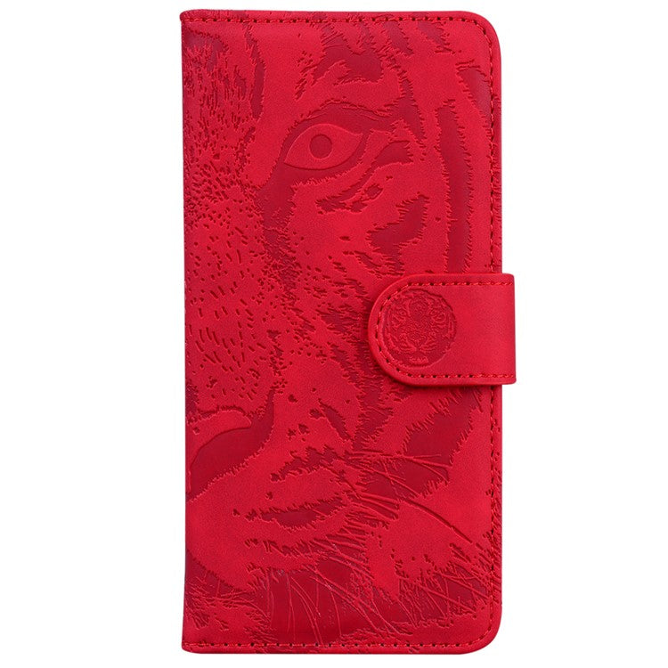 For iPhone 16 Plus Case Tiger Imprint Leather Shockproof Wallet Phone Cover - Red