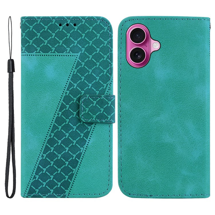 For iPhone 16 Plus Case 7-Shaped Pattern Leather Shockproof Phone Cover - Green