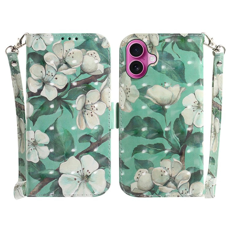 For iPhone 16 Plus Wallet Case 3D Pattern Print Leather Phone Cover - Watercolor Flowers
