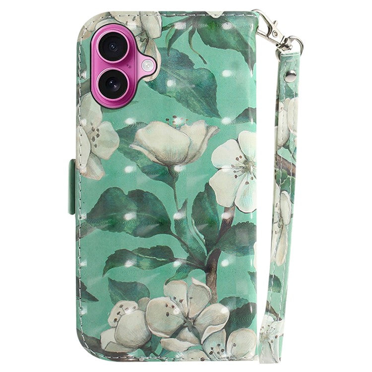 For iPhone 16 Plus Wallet Case 3D Pattern Print Leather Phone Cover - Watercolor Flowers