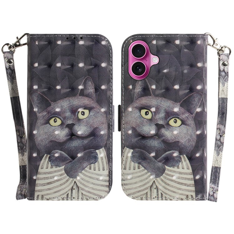 For iPhone 16 Plus Wallet Case 3D Pattern Print Leather Phone Cover - Embracing Cat