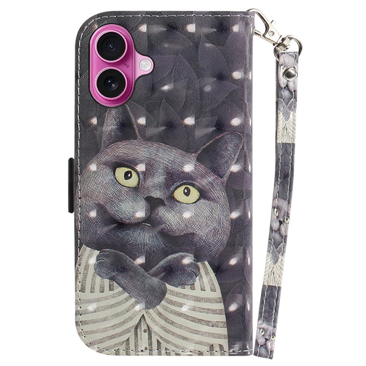 For iPhone 16 Plus Wallet Case 3D Pattern Print Leather Phone Cover - Embracing Cat