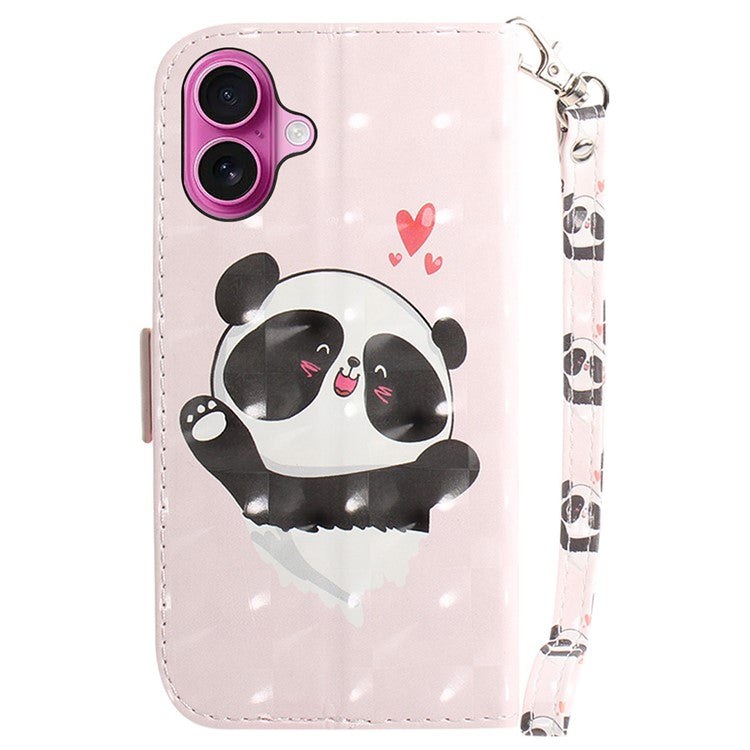 For iPhone 16 Plus Wallet Case 3D Pattern Print Leather Phone Cover - Love Heart Panda