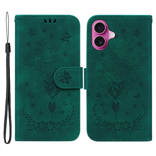 For iPhone 16 Plus Wallet Case PU Leather Phone Cover Butterfly Flower Imprint - Green