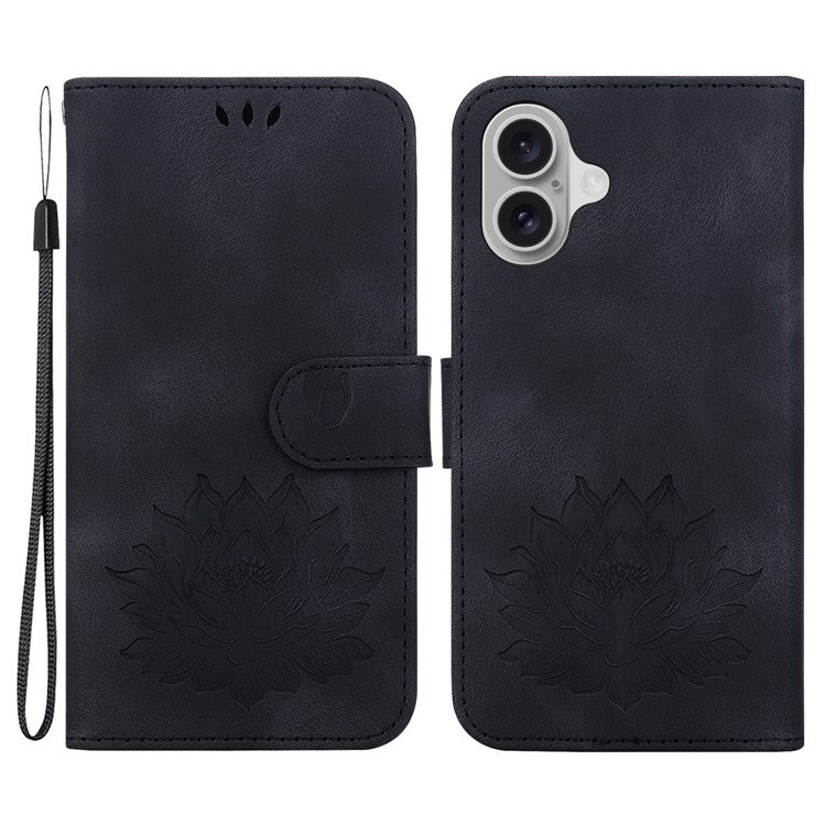 For iPhone 16 Phone Case Lotus Imprint Leather Stand Wallet Cover - Black