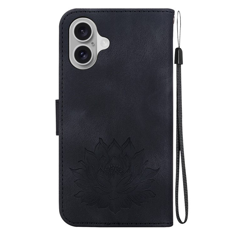 For iPhone 16 Phone Case Lotus Imprint Leather Stand Wallet Cover - Black