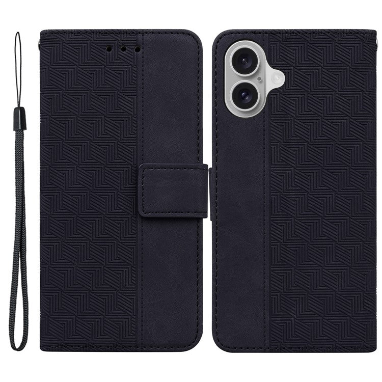 For iPhone 16 Case PU Leather Geometry Imprint Wallet Phone Cover - Black
