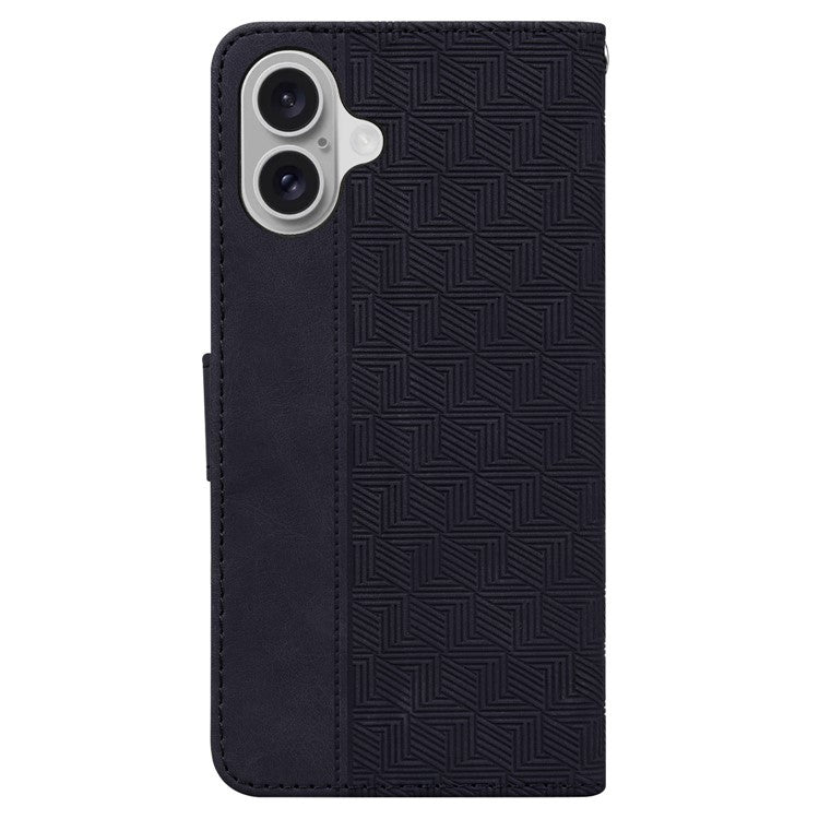 For iPhone 16 Case PU Leather Geometry Imprint Wallet Phone Cover - Black