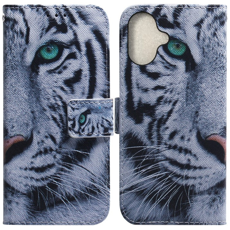 For iPhone 16 Wallet Case Pattern Print Leather Phone Cover - Tiger