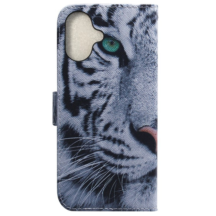 For iPhone 16 Wallet Case Pattern Print Leather Phone Cover - Tiger