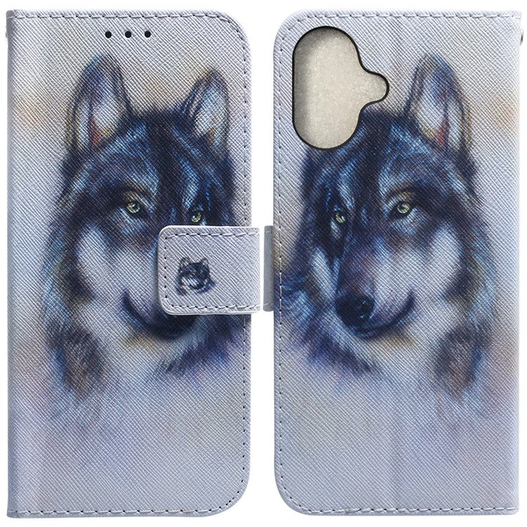 For iPhone 16 Wallet Case Pattern Print Leather Phone Cover - Wolf
