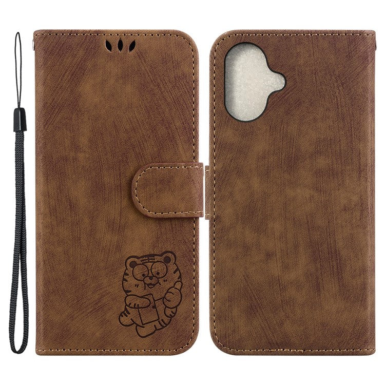 For iPhone 16 Stand Case Cute Tiger Imprint Leather Wallet Phone Cover - Brown