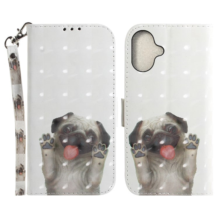 For iPhone 16 Case 3D Pattern Print Leather Flip Wallet Phone Cover - Pug