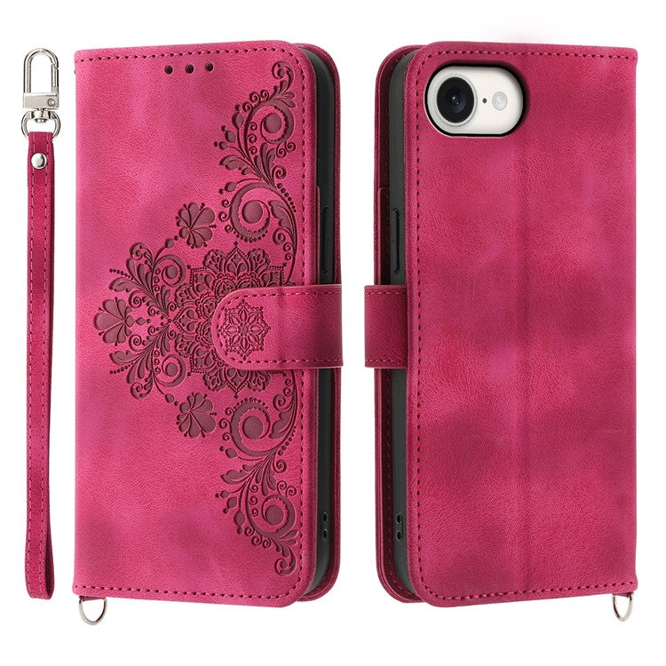 For iPhone 16e Leather Case Multiple Card Slots Phone Cover with 2 Straps - Wine Red
