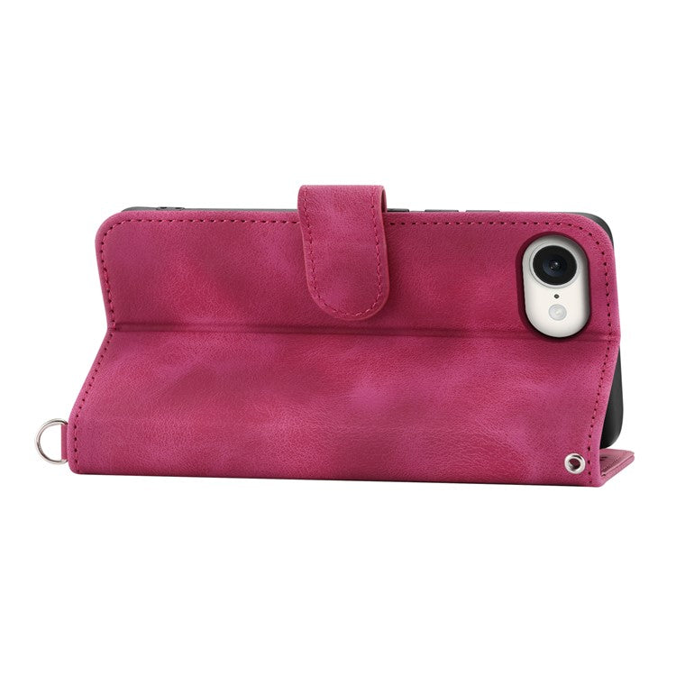 For iPhone 16e Leather Case Multiple Card Slots Phone Cover with 2 Straps - Wine Red