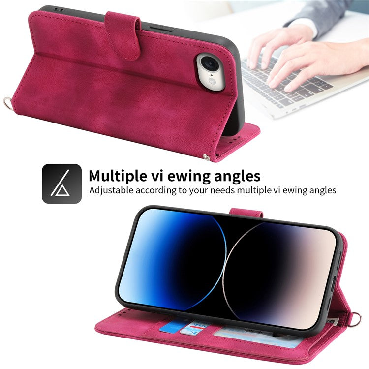 For iPhone 16e Leather Case Multiple Card Slots Phone Cover with 2 Straps - Wine Red