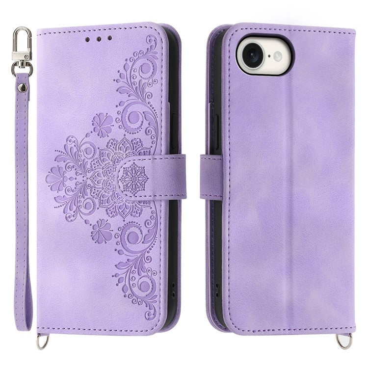 For iPhone 16e Leather Case Multiple Card Slots Phone Cover with 2 Straps - Purple