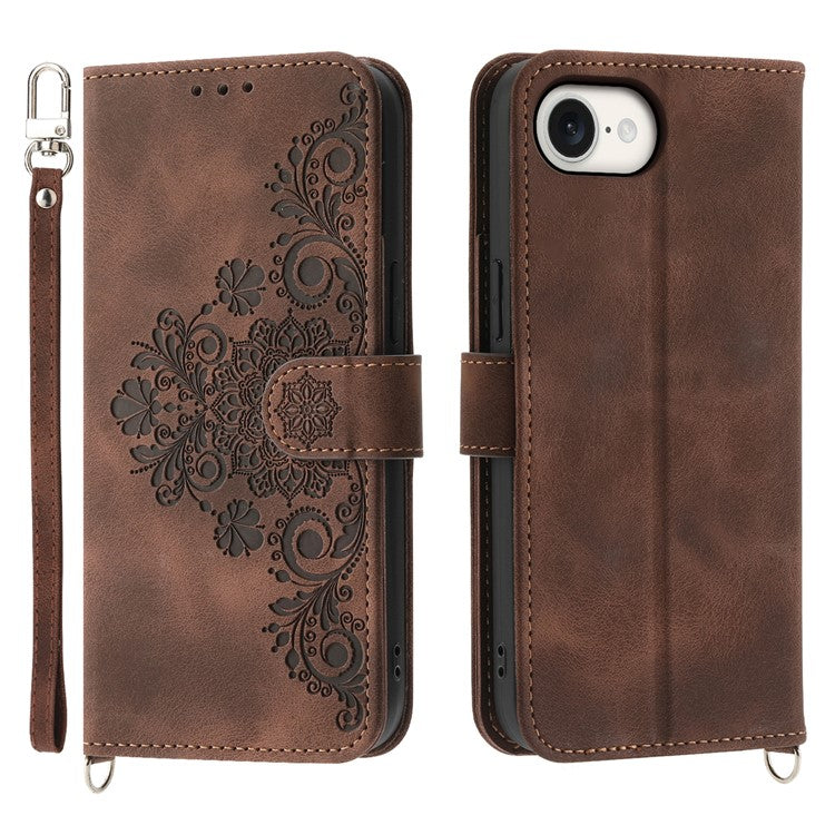 For iPhone 16e Leather Case Multiple Card Slots Phone Cover with 2 Straps - Brown