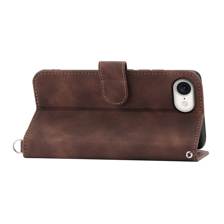For iPhone 16e Leather Case Multiple Card Slots Phone Cover with 2 Straps - Brown