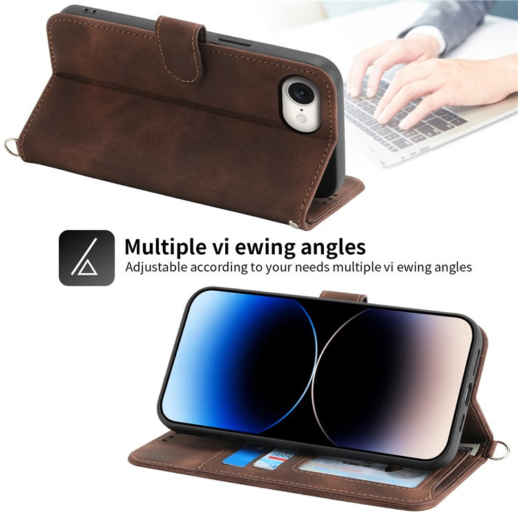 For iPhone 16e Leather Case Multiple Card Slots Phone Cover with 2 Straps - Brown