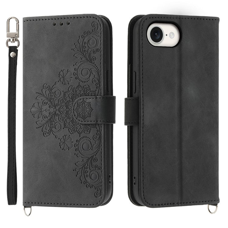 For iPhone 16e Leather Case Multiple Card Slots Phone Cover with 2 Straps - Black