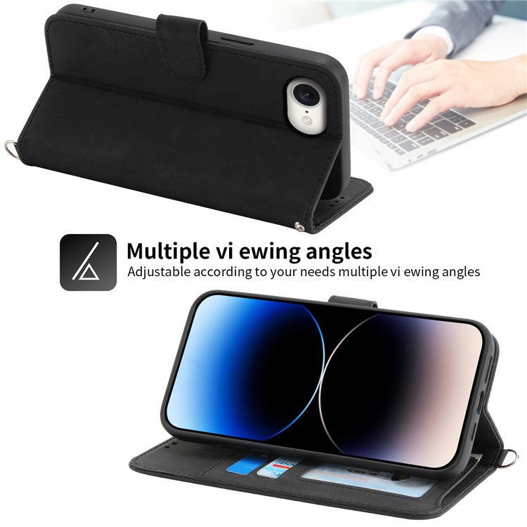 For iPhone 16e Leather Case Multiple Card Slots Phone Cover with 2 Straps - Black
