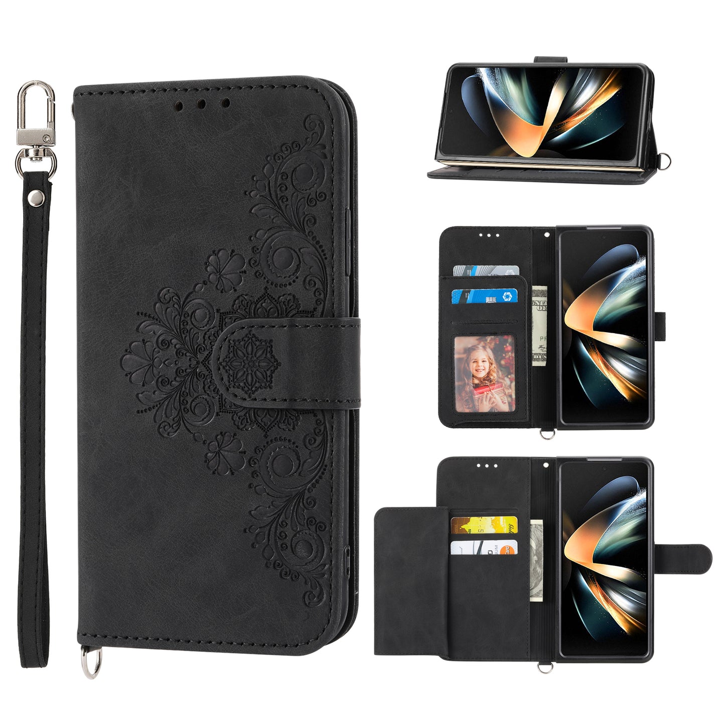 For Samsung Galaxy Z Fold6 5G Leather Case Multiple Card Slots Phone Cover with 2 Straps - Black