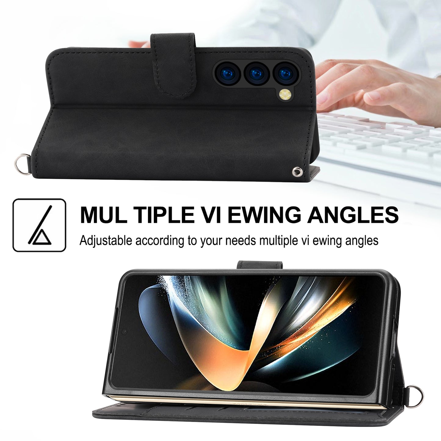 For Samsung Galaxy Z Fold6 5G Leather Case Multiple Card Slots Phone Cover with 2 Straps - Black