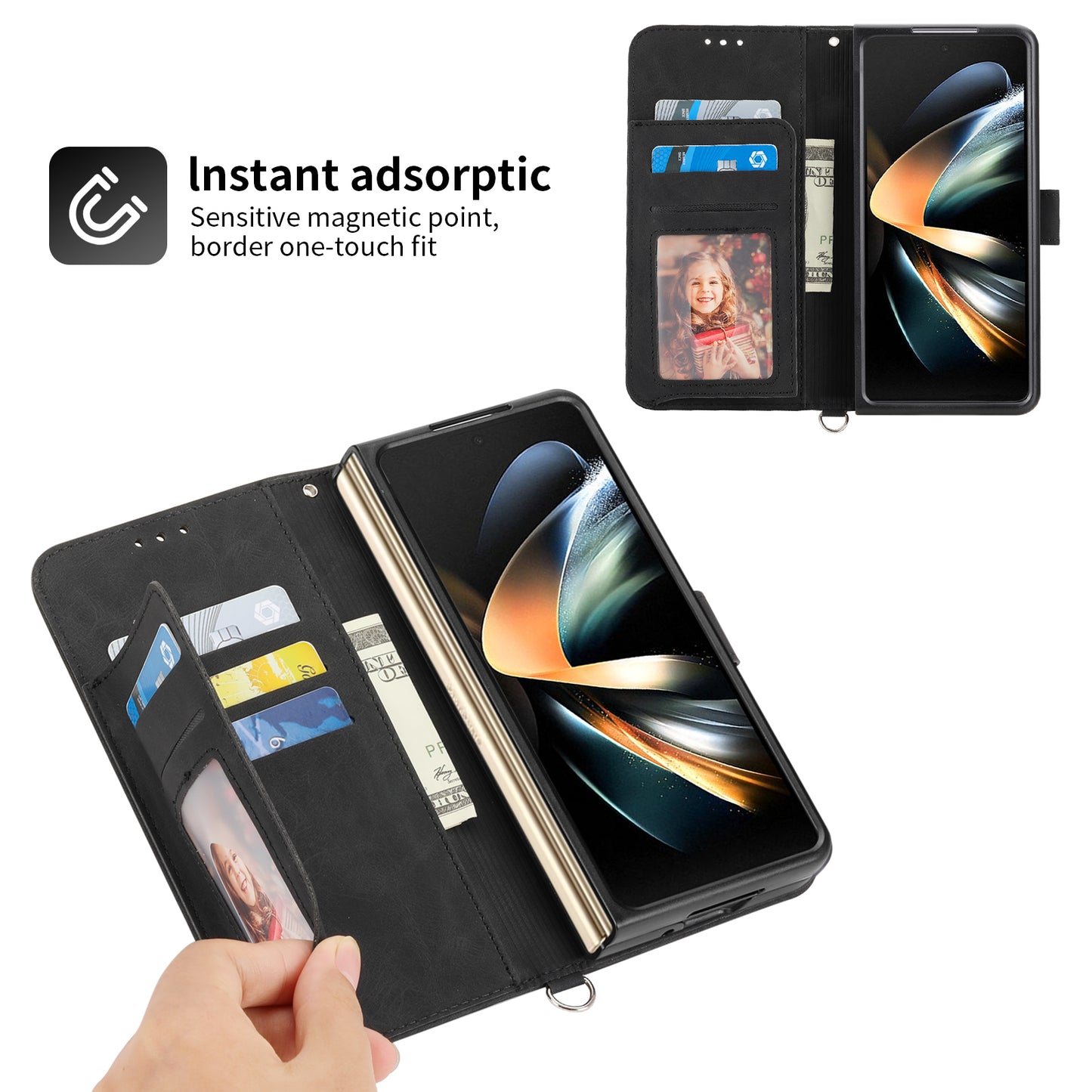 For Samsung Galaxy Z Fold6 5G Leather Case Multiple Card Slots Phone Cover with 2 Straps - Black