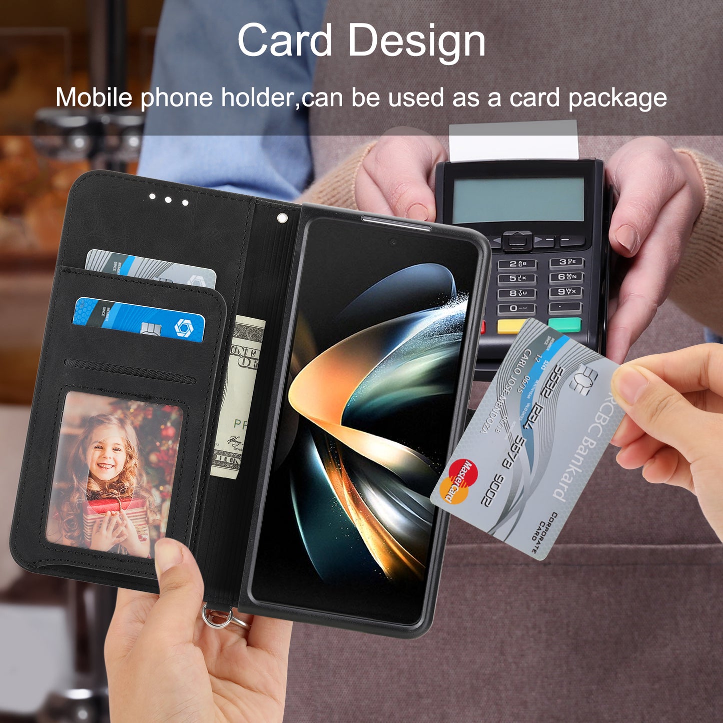 For Samsung Galaxy Z Fold6 5G Leather Case Multiple Card Slots Phone Cover with 2 Straps - Black