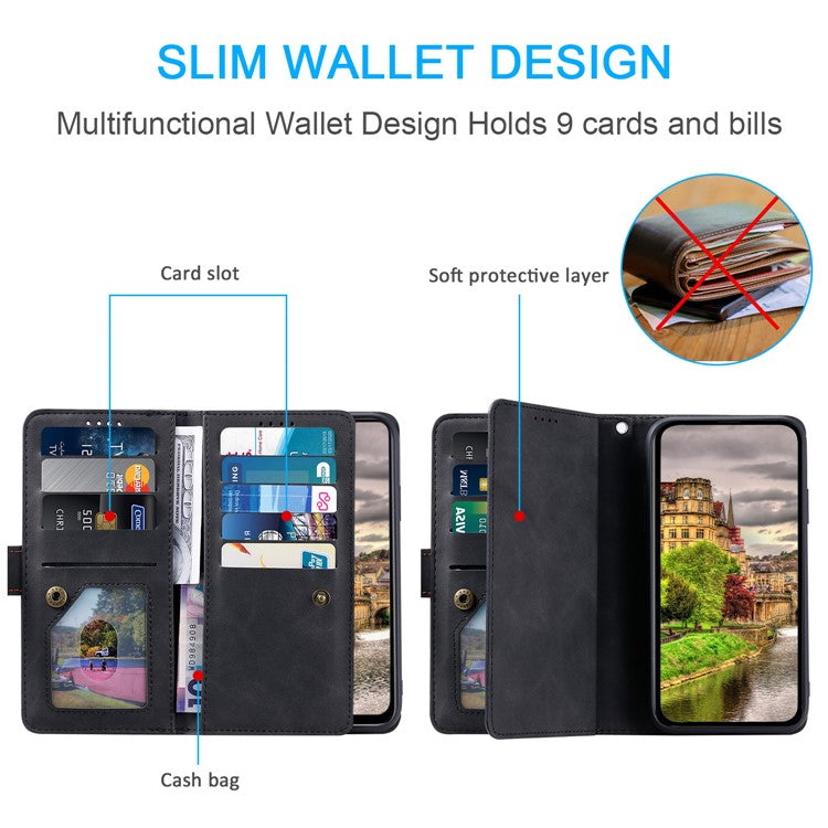 For Xiaomi Poco C75 4G / Redmi 14R 5G / 14C 4G Case Zipper Pocket PU Leather Phone Cover with 9 Card Slots - Black