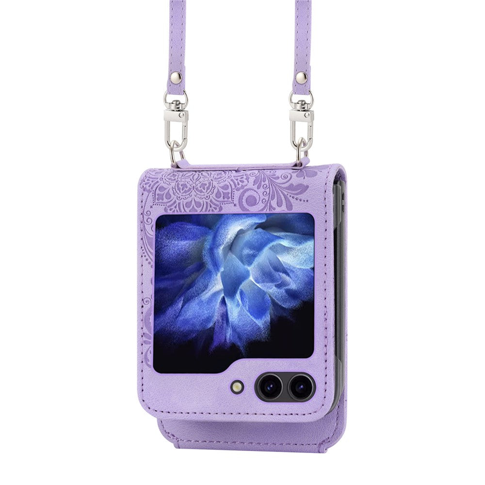 For Samsung Galaxy Z Flip7 FE 5G / Z Flip6 5G Leather Case Multiple Card Slots Phone Cover with Shoulder Strap - Purple