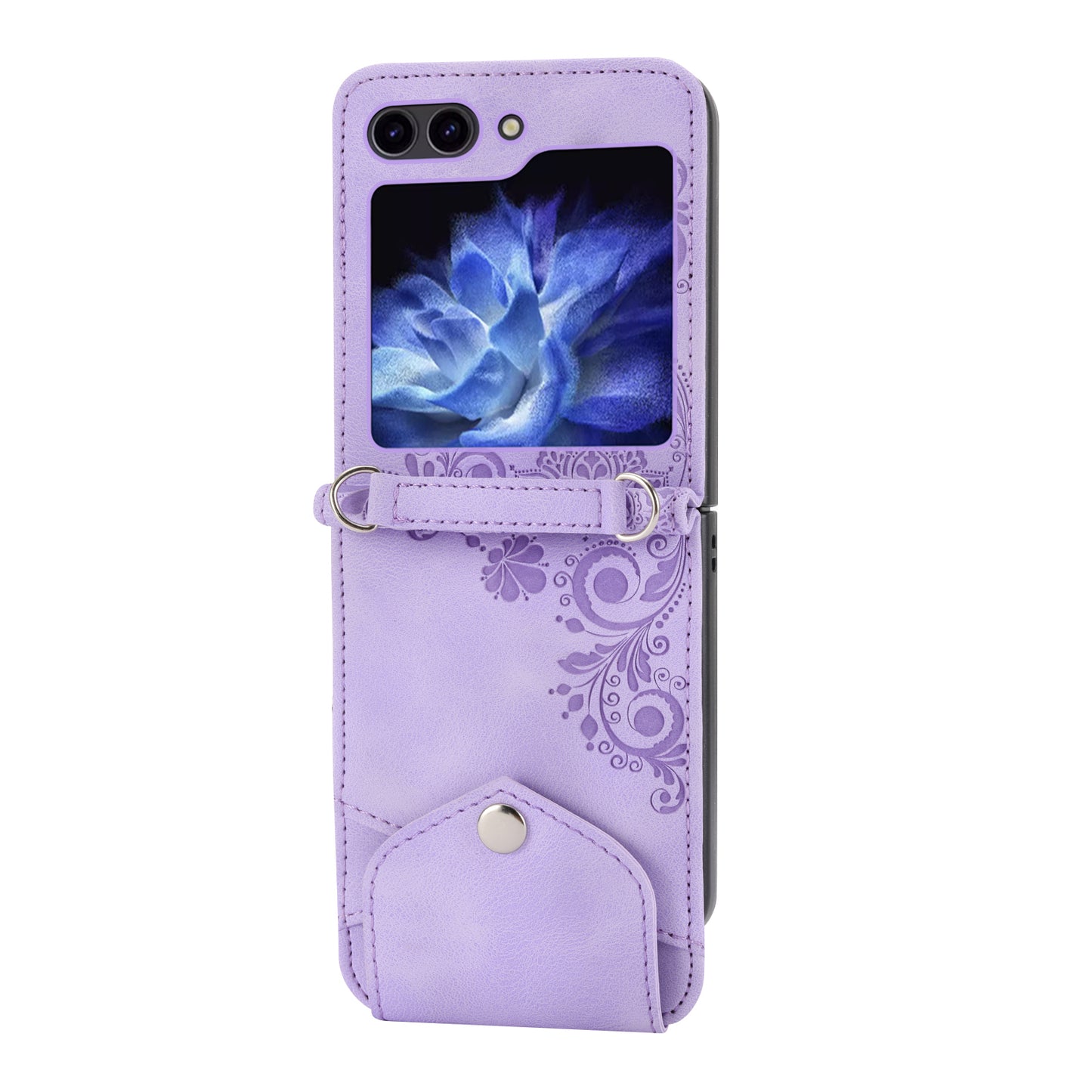 For Samsung Galaxy Z Flip6 5G Leather Case Multiple Card Slots Phone Cover with Shoulder Strap - Purple