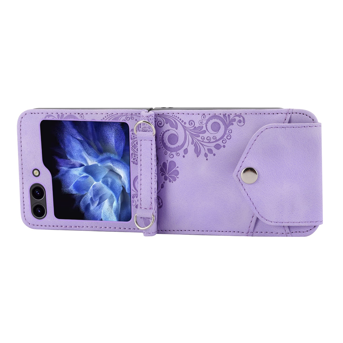 For Samsung Galaxy Z Flip6 5G Leather Case Multiple Card Slots Phone Cover with Shoulder Strap - Purple