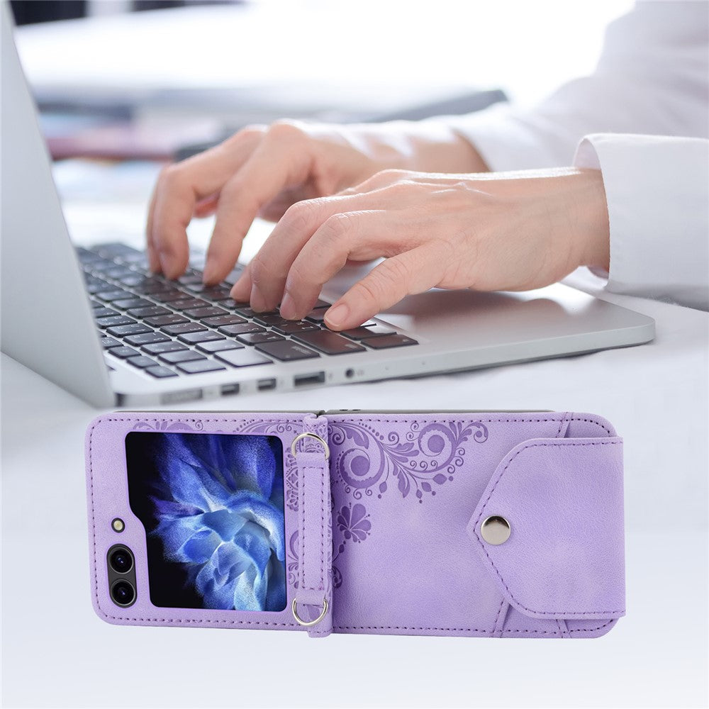 For Samsung Galaxy Z Flip7 FE 5G / Z Flip6 5G Leather Case Multiple Card Slots Phone Cover with Shoulder Strap - Purple