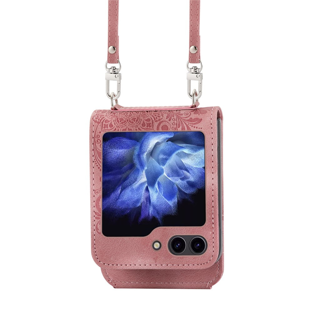 For Samsung Galaxy Z Flip7 FE 5G / Z Flip6 5G Leather Case Multiple Card Slots Phone Cover with Shoulder Strap - Pink