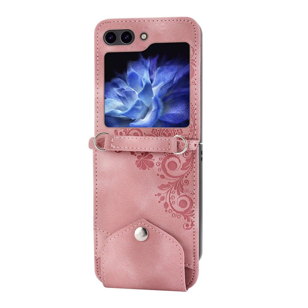 For Samsung Galaxy Z Flip7 FE 5G / Z Flip6 5G Leather Case Multiple Card Slots Phone Cover with Shoulder Strap - Pink