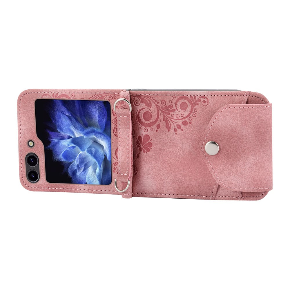For Samsung Galaxy Z Flip7 FE 5G / Z Flip6 5G Leather Case Multiple Card Slots Phone Cover with Shoulder Strap - Pink