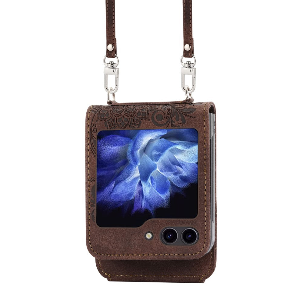 For Samsung Galaxy Z Flip7 FE 5G / Z Flip6 5G Leather Case Multiple Card Slots Phone Cover with Shoulder Strap - Brown
