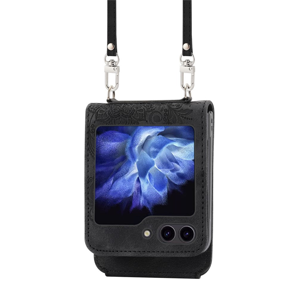 For Samsung Galaxy Z Flip7 FE 5G / Z Flip6 5G Leather Case Multiple Card Slots Phone Cover with Shoulder Strap - Black