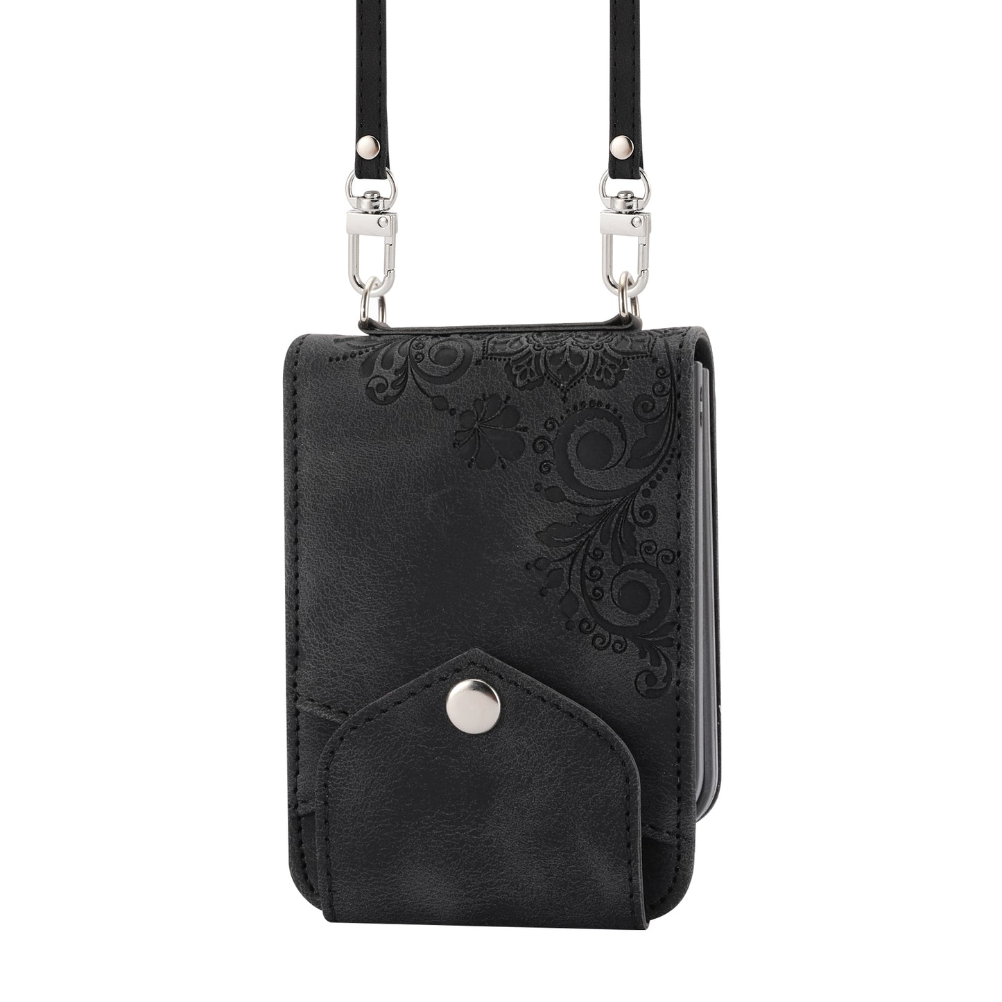 For Samsung Galaxy Z Flip6 5G Leather Case Multiple Card Slots Phone Cover with Shoulder Strap - Black