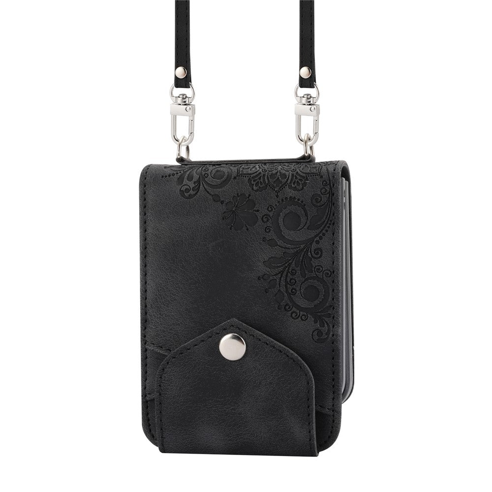 For Samsung Galaxy Z Flip7 FE 5G / Z Flip6 5G Leather Case Multiple Card Slots Phone Cover with Shoulder Strap - Black